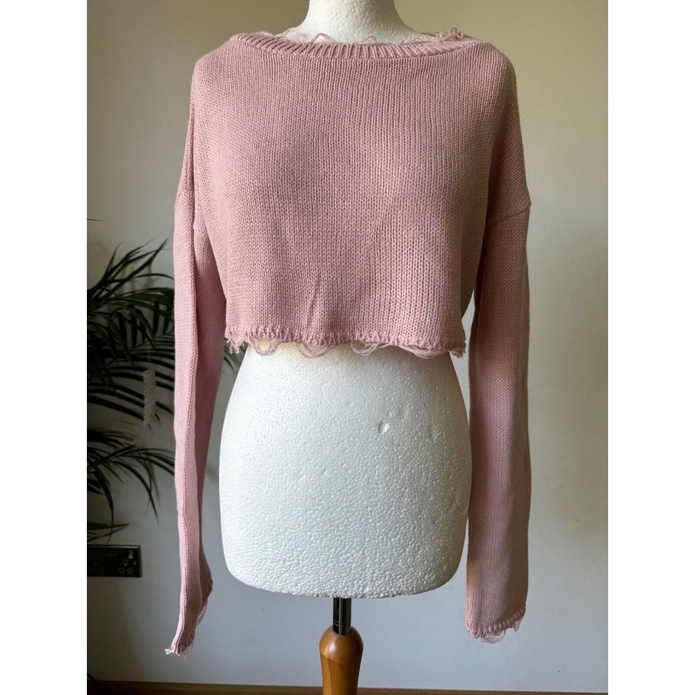 PrettyLittleThing Rose Fray Edge Crop Knitted Jumper S, L - Picture 1 of 4